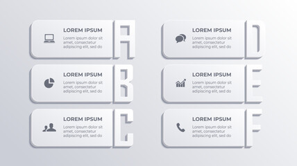 White 3D Alphabetic 6 Step Business Infographic with Bullet Point Timeline