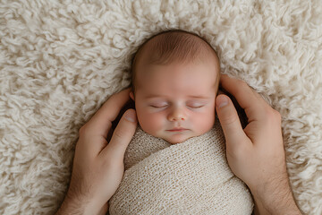 Infant asleep, wrapped in comfort, held by gentle hands on soft background. A precious moment captured.