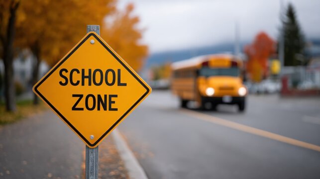 A yellow sign with the word school on it is on the side of a road