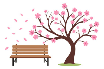 Floral Tree Blossoms with Bench Illustration Vector Art