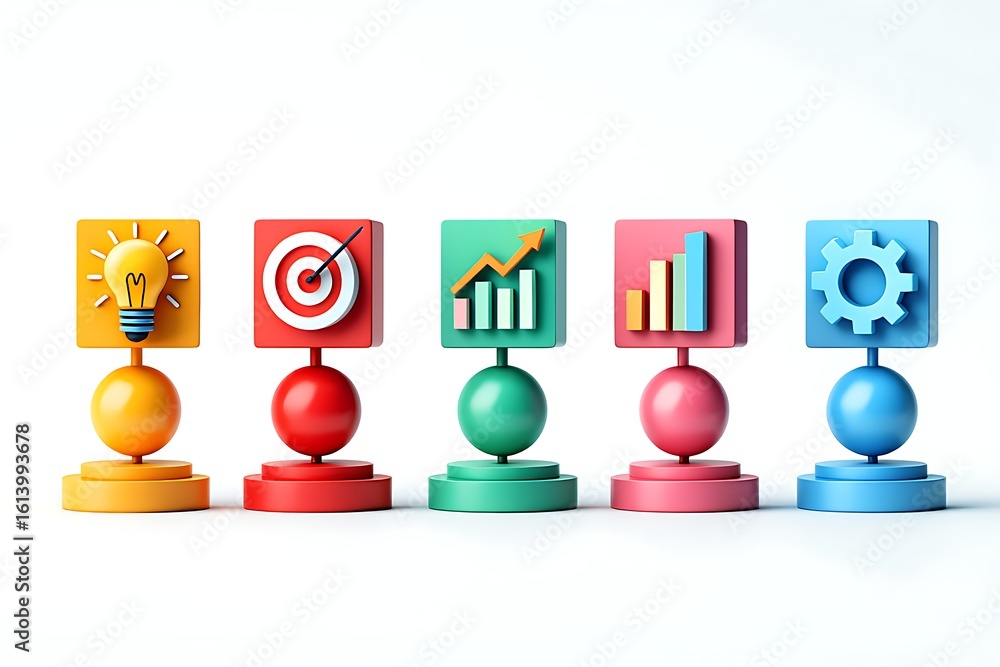 Poster five colorful abstract figures representing business concepts like innovation goals growth strategy 