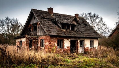 Obraz premium Abandoned, weathered house in a field
