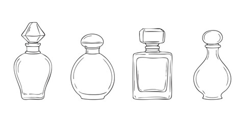 Perfume bottle glass and cosmetic shapes outlined in luxury packaging design. Elegant container sketch with aroma and fragrance concept. Suitable for branding, spa or fashion content.