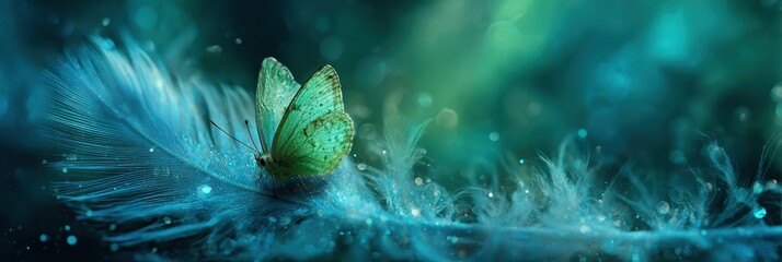 Metaphoric Departure: Jade Butterfly Symbolizing Soul Release Against a Radiant Green-Blue Feathered Background