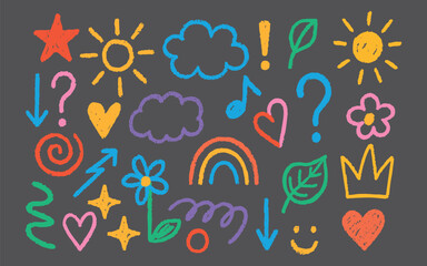 Kindergarten chalk element. Illustration with bright rainbow star confetti spark and joyful swirl in chalk texture. Heart flower leaf and arrow add colorful personality. Great for children, play.