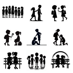 Children’s Play and Connection – Black and White Silhouette Illustration

