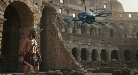 Ancient meets future: A gladiator encounters modern technology at the Colosseum in Rome