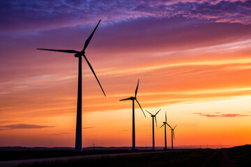 Row of Wind Turbines Against Vibrant Sunset Sky on Open Plain