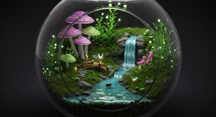 Enchanted ecosystem miniature scene with waterfall, mushrooms and fairies in glass bowl