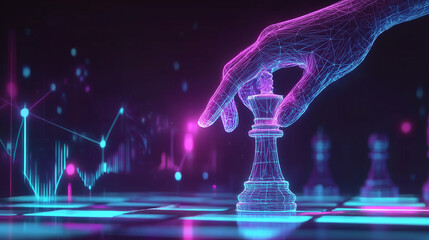 Digital Strategy Wireframe Hand Moving Chess Piece with Stock Market Data