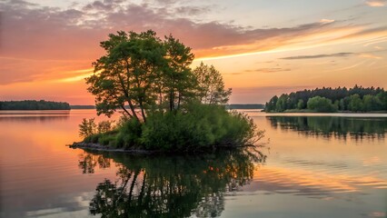 Obraz premium Serene Lake Landscape Reflecting Island Trees Under a Colorful Sunset Sky, Offering Peaceful Outdoor Views and Tranquil Natural Beauty.