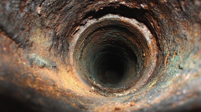 Interior View of a Weathered Sewer Pipe: Rusty Cast Iron Drainage Tube Covered in Grime