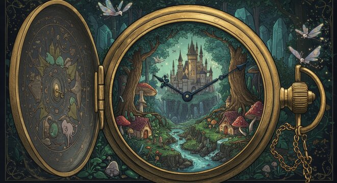 Enchanted fairytale scene inside a golden pocket watch with castle and fantasy landscape