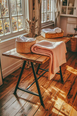 Folded Towels and Baskets on Wooden Table in Sunlit Rustic Interior – Cozy Clean Living Concept