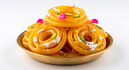traditional Indian Gujarati sweet jalebi in golden dish, also known in India as imarati, jilebi, jilawii,j ilapi, zulbia for Indian Festivals Dussehra, Eid, Diwali, shivratri, Holi, white background