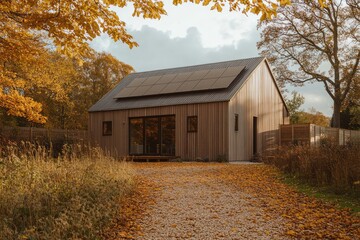 A house with many windows is surrounded by trees and vibrant leaves