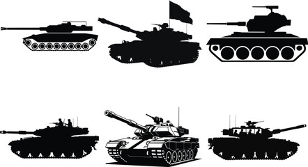 Obraz premium Military Tank Silhouette Bundle. Battle Tanks, Armored Vehicles & War Machine Vector Illustration. Army Tank, War Tank, Battle Tank, Heavy Weapon Vehicles, Warfare Icons & Army Silhouette Design.