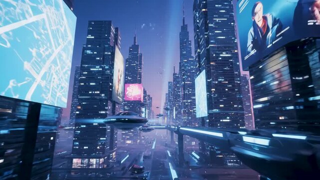 Futuristic city with flying cars and digital signs
