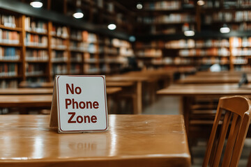 Sign indicating a designated quiet zone in a library, promoting a serene environment for focused study and reading. No phone use allowed in the area.