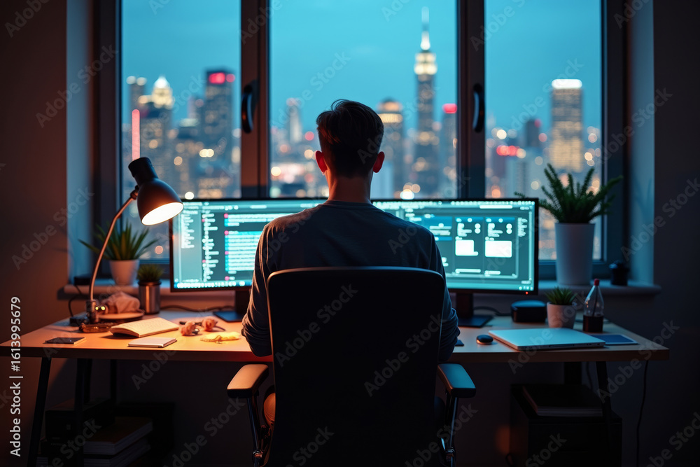 Poster a graphic designer's creative haven: illuminated by computer screens and desk lamp in a chaotic work