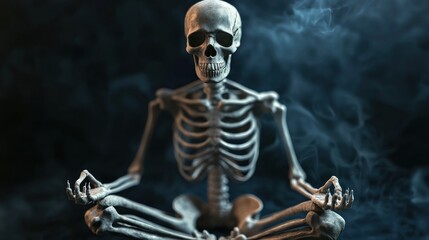 A skeleton sits cross-legged on a dark, rocky surface, with a faint glow emanating from beneath it.
