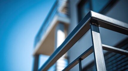 Naklejka premium Steel railings gleaming against azure sky, emphasizing minimalist architectural style with sharp, clean structural lines reflecting contemporary urban design