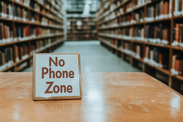 Sign indicating quiet area rules in a library, promoting silence and focus amidst bookshelves. Encouraging mindful space use.