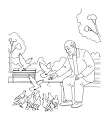 Elderly Man Feeding Pigeons