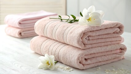Stacked Pastel Towels Adorned with Delicate White Flowers on a White Wooden Surface, Creating a Soft Aesthetic.
