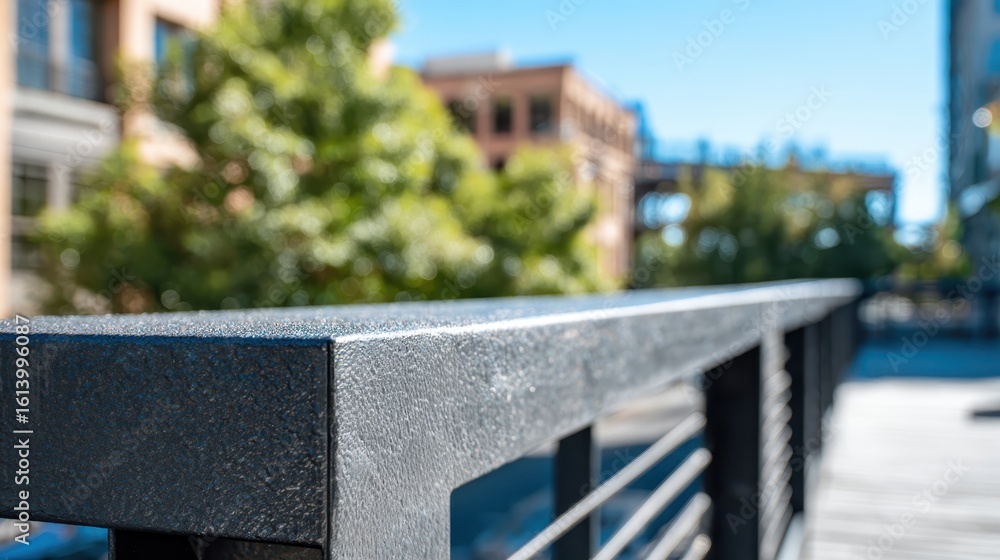 Poster metal railing in sharp focus, urban landscape blurring behind, creating visual depth with textural c