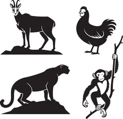 A versatile vector set showcasing black silhouettes of various wild and farm animals, including deer, wolves, elephants, horses, and pigs, ideal for diverse illustrations