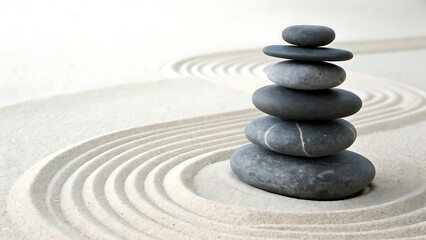Stacked stones on sand artfully represents balance and peaceful serenity for zen gardens and mindful living inspiration.