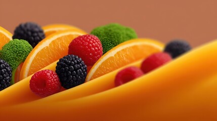 A close up of a fruit salad with oranges, raspberries, and blackberries
