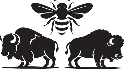 A cute cartoon vector illustration of various black animal silhouettes, including an elephant, horse, cow, rabbit, dog, bee, and other funny wild and farm wildlife designs
