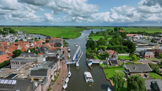 Aerial timelapse from watersport at a drawbridge in Woudsend in Friesland the Netherlands
