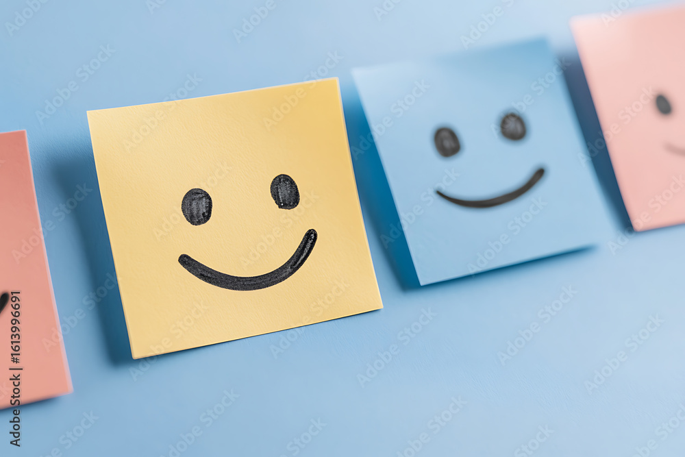 Poster smiling sticky notes: colorful reminders with happy faces on a blue background. brings positivity an