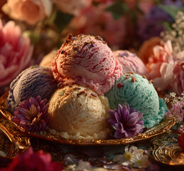Fototapeta premium colorful ice cream on a luxury table with flowers