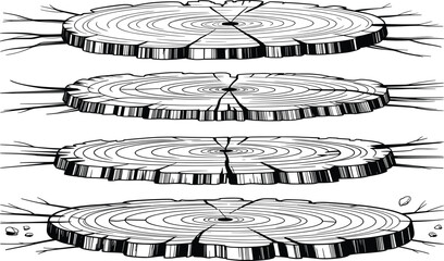 Tree Trunk Cross Section Line Art, Wood Rings and Stump Slice Illustration Set.
