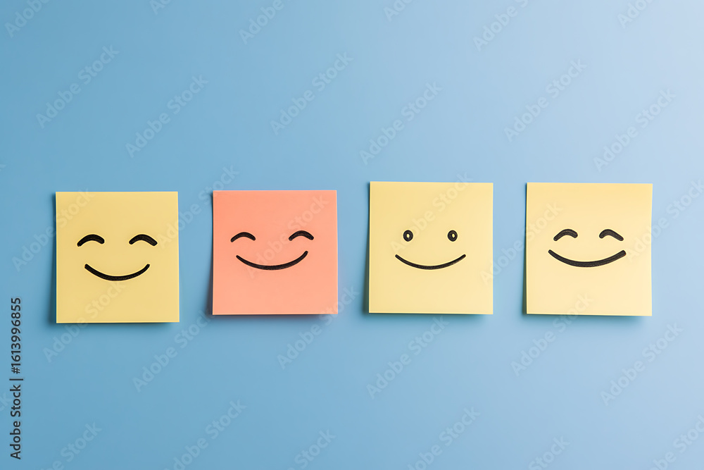 Poster positive reminders: four sticky notes displaying simple smiley faces. a cheerful and optimistic way 