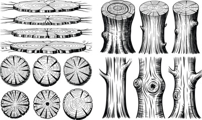 Tree Stump and Log Cross-Section Illustration Set, Rustic Wood Texture Drawings for Nature and Outdoor Design.