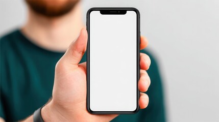 A man is holding a cell phone with a white screen