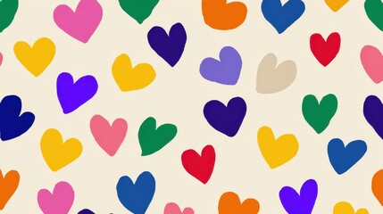 Colorful hand drawn hearts randomly spread over soft beige surface, presenting playful romantic pattern symbolizing affection and emotional connection