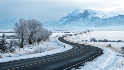 Winding Asphalt Road Through a Snowy Landscape Leading to Distant Mountains on a Cold Winter Day.