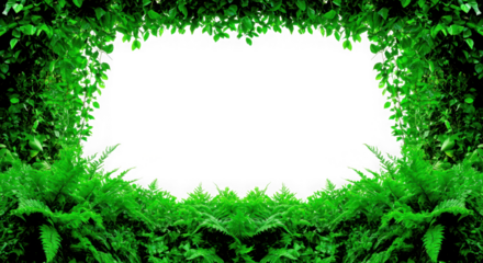 Lush green foliage border framing a central black space isolated on transparent background