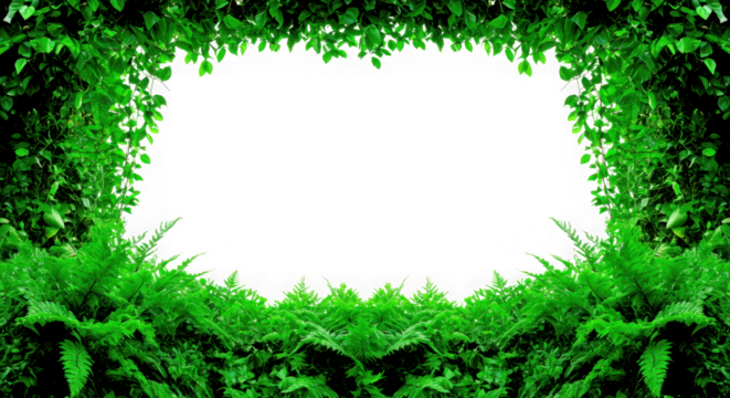 Lush green foliage border framing a central black space isolated on transparent background