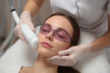 Naklejka premium Youthful Radiance: Beautician Administers Laser Facial Treatment to Young Woman at Spa Clinic