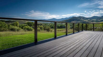 Modern wooden deck with cable railing offering scenic views of a lush green valley, rolling mountains, and clear blue sky, creating a peaceful and inviting outdoor space