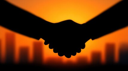 A handshake between two people in front of a city skyline