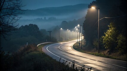 Winding Road Through Misty Landscape with Streetlights Creating Atmospheric Light, Scenic Drive in Nature.