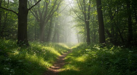 Obraz premium Sunlit path through a misty woodland